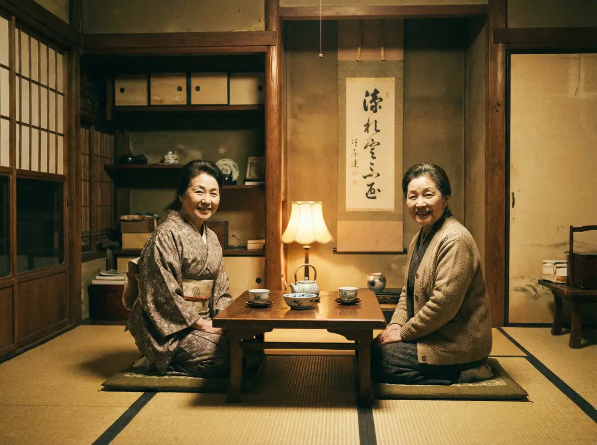 两位优雅的 一个鬼子都不留 电视剧 在日式茶室中品茶交谈